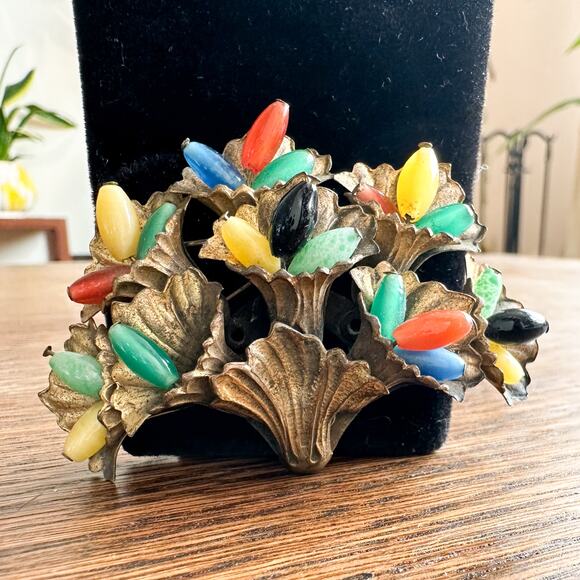 Czech Floral Bouquet Brooch c 20s Vtg Miriam Haskell Style Uranium Glass Beads - Picture 4 of 13